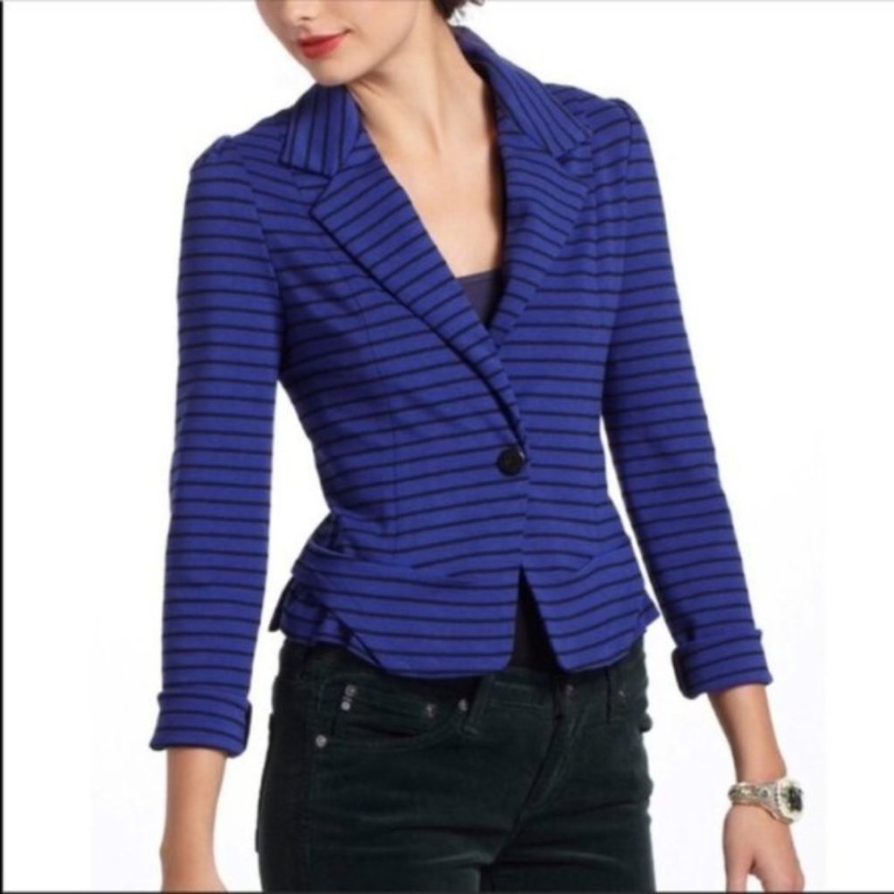 Anthropologie Cartonnier Striped Blazer Jacket S Blue Black Ruffle Stret…